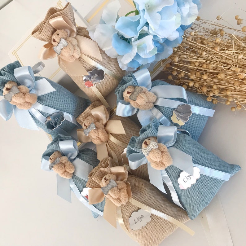 Custom Teddy Bear Baby Shower Favors, Baby Shower Party Gifts, Bear Gift, Teddy Bear Party Favors, Welcome Baby Boy Favors, Baptism Gift Boy image 2