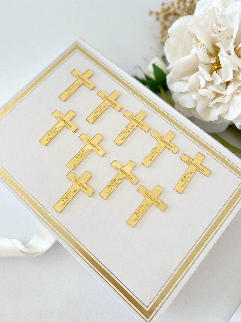 Baptism Favor Tag, Gold Rectangle Name Tag, Cross Baptism Tags, Gold Bless Labels, Lettering Name Logo, Christening Favors, 20pcs Mirror Tag image 6