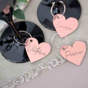 Engraved Heart Glass Tags, Wedding Place Card Ideas, Party Glass Decor, Heart Shaped Drink Charms, Bridal Shower Favors