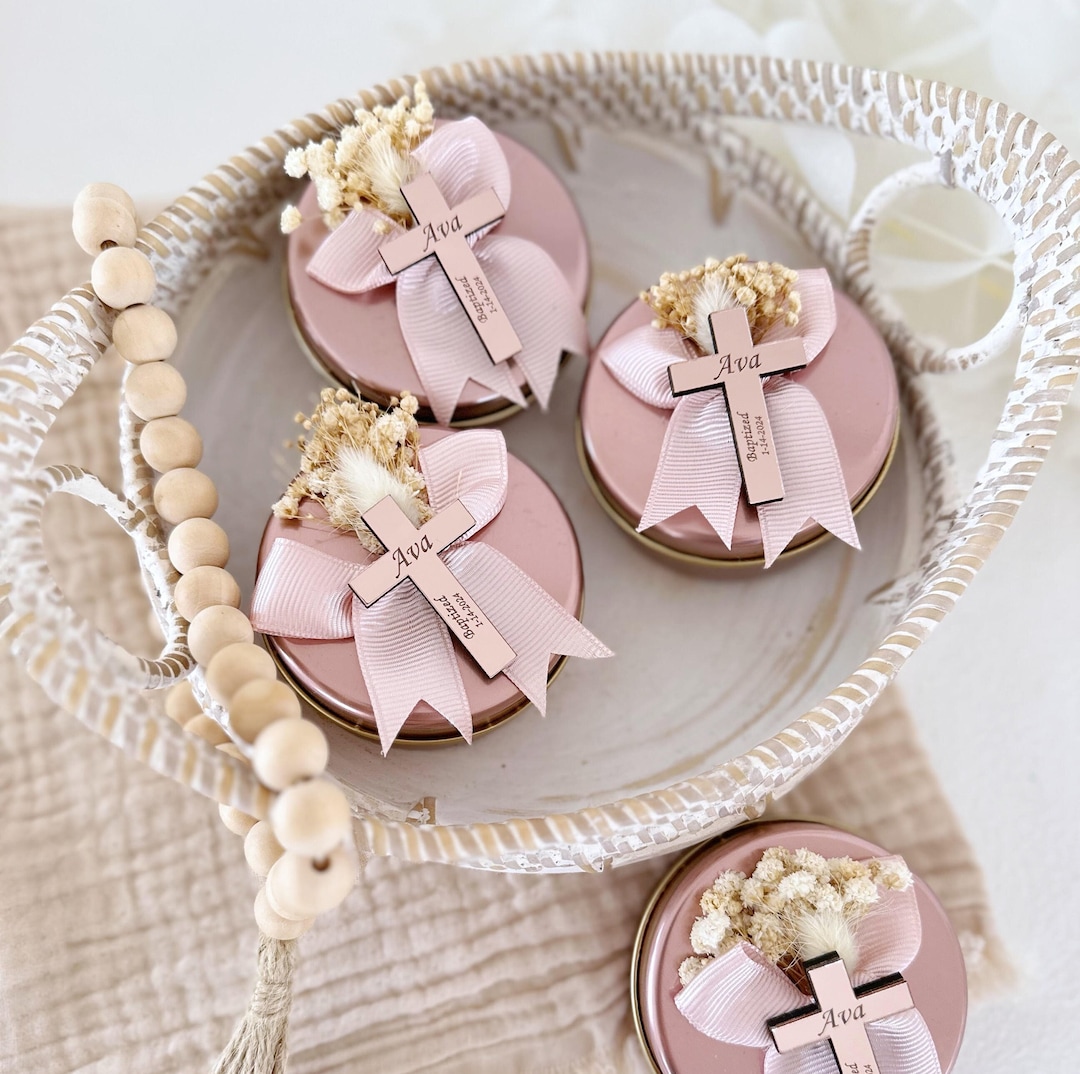 Rose Gold Custom Baptism Candle Favors, Christening Candle