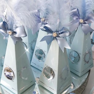 Boîte à cône vide personnalisée en argent bleu, boîte à bonbons au chocolat, boîte pyramidale personnalisée pour babyshower, boîte-cadeau de mariage, boîte-cadeau d'anniversaire