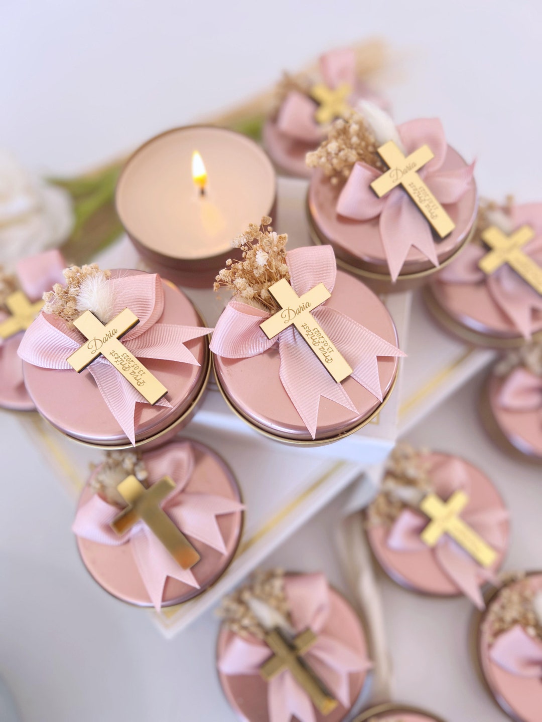 Rose Gold Custom Baptism Candle Favors Christening Candle Etsy