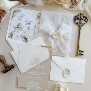 Elegant Pearl Vellum Wedding Invitation : Luxury Gold Foil Invite Set