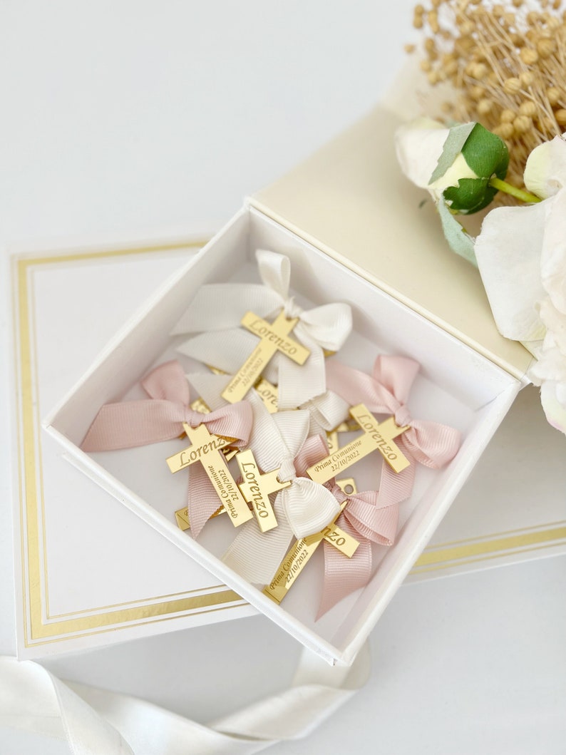 Baptism Favor Tag, Gold Rectangle Name Tag, Cross Baptism Tags, Gold Bless Labels, Lettering Name Logo, Christening Favors, 20pcs Mirror Tag image 1