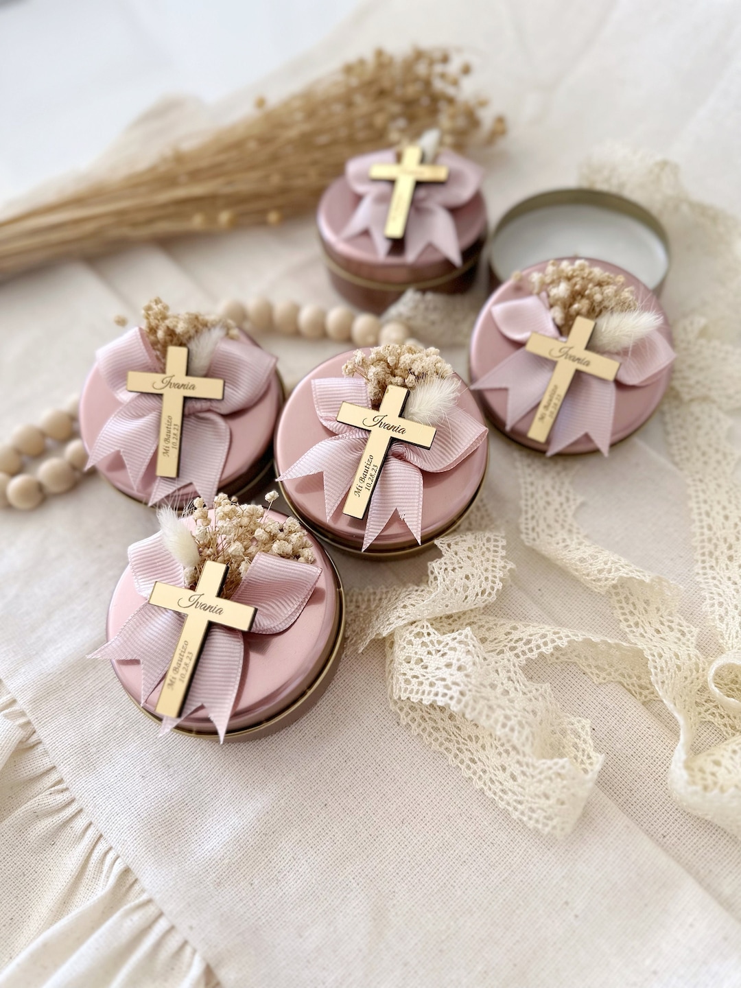 Custom Baptism Candle, Rose Gold Baptism Candle Favors, Baptism Candle