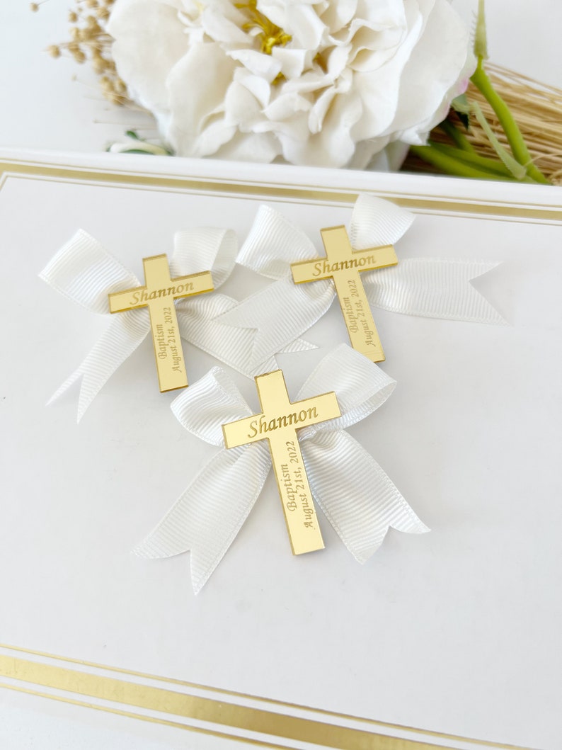 Baptism Favor Tag, Gold Rectangle Name Tag, Cross Baptism Tags, Gold Bless Labels, Lettering Name Logo, Christening Favors, 20pcs Mirror Tag image 7