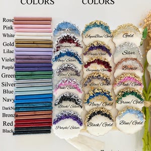 May include: A chart showing the color options for wax seals and magnets. The wax seal colors are listed on the left side of the image and include rose, pink, white, gold, lilac, violet, purple, green, silver, blue, navy, dark navy, bronze, red, and black. The magnet colors are listed on the right side of the image and include blue/silver, aqua blue/gold, gold, silver, bronze, burgundy/gold, lilac/silver, lilac/gold, pink/gold, pink/silver, black/silver, navy/gold, green/gold, black/gold, and blue/gold. The text "There is a transparent sticker on epoxy and the best part is everything %100 customizable :)" is at the bottom of the image.