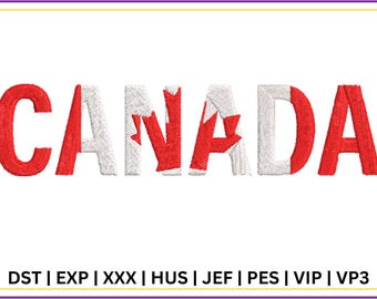 Pode incluir: Desenho bordado da palavra "CANADA" em vermelho e branco, com a bandeira canadese incorporada nas letras.