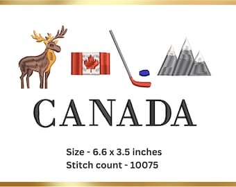 Puede incluir: Diseño bordado con un alce, la bandera canadiense, un palo y un disco de hockey, y montañas. La palabra "CANADA" se muestra en letras negras grandes. El diseño mide 16,8 x 8,9 cm.
