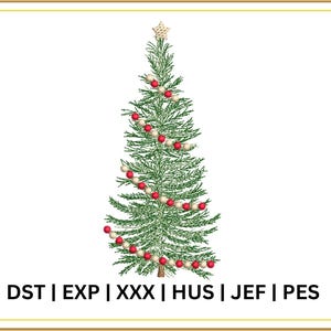 May include: A green Christmas tree illustration with red and white ornaments and a gold star on top. The tree is decorated with a garland of red and white beads. The bottom of the image has the text: DST | EXP | XXX | HUS | JEF | PES.