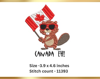 Puede incluir: Diseño bordado de un castor con gafas de sol sosteniendo una bandera canadiense. El texto "CANADA EH!" está debajo. El diseño mide 9,9 x 11,7 cm.