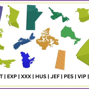 May include: A set of ten colorful outlines of Canadian provinces and territories. The outlines are in various colors, including green, blue, yellow, orange, and purple. The outlines are arranged in a random pattern on a white background. The text "DST | EXP | XXX | HUS | JEF | PES | VIP | VP3" is at the bottom of the image.