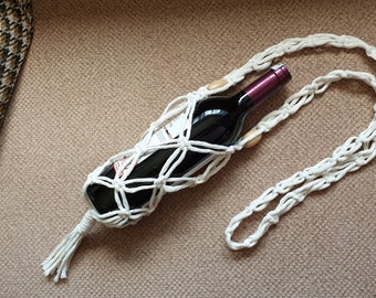 Macrame Wine Bottle Holder Long Strap ~  Wine Bottle Body Tote ~  Wine Bottle Gift Bag ~ Macrame Cross body Wine Holder ~Wine Gift Bag