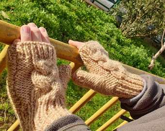 Camel Color Cable Knit Fingerless Gloves~ Camel Color Gloves for Everybody~ Handmade Cable Knit Mittens~ Hand Warmer Light Camel Color Mitts