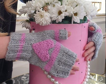 Pink Heart Hand-Knit Fingerless Gloves ~ Handmade Heart Fingerless Gloves  ~ Handmade Mittens With Heart ~ Hand Knit Wrist Warmers