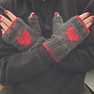 Knit Fingerless Gloves - Valentine&#39;s Day Gift ~ Handknit Red Heart Fingerless Mittens