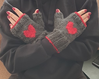 Knit Fingerless Gloves - Valentine's Day Gift ~ Handknit Red Heart Fingerless Mittens