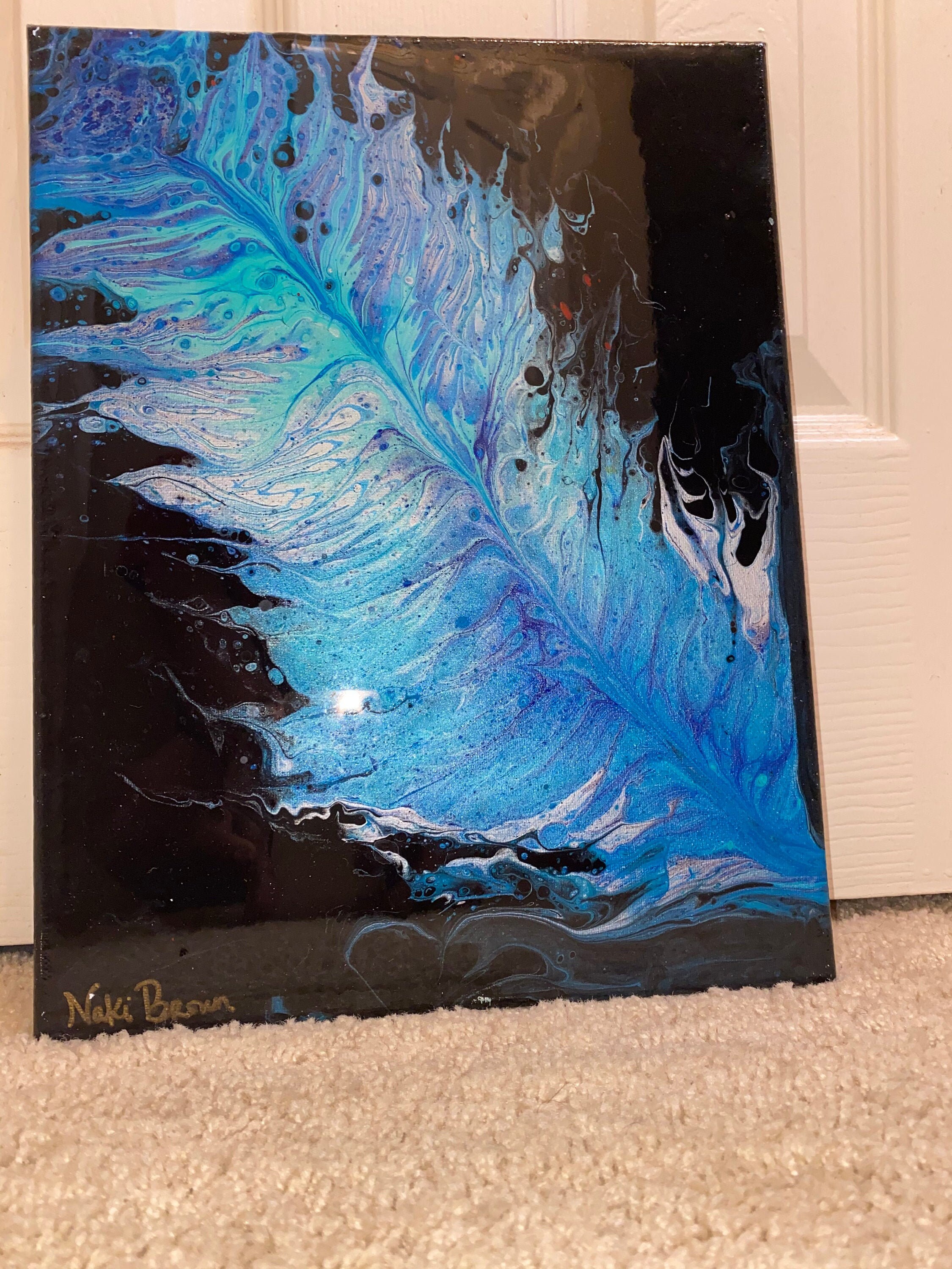 Blue Feather Paint Pour Abstract Art Paint Pouring Feather Etsy