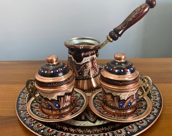 Turkish Coffee Set, Traditional Turkish Coffee Cups and Copper Coffee Pot, Unique Home Decor,Turkish Handmade Copper Coffee Serving Set