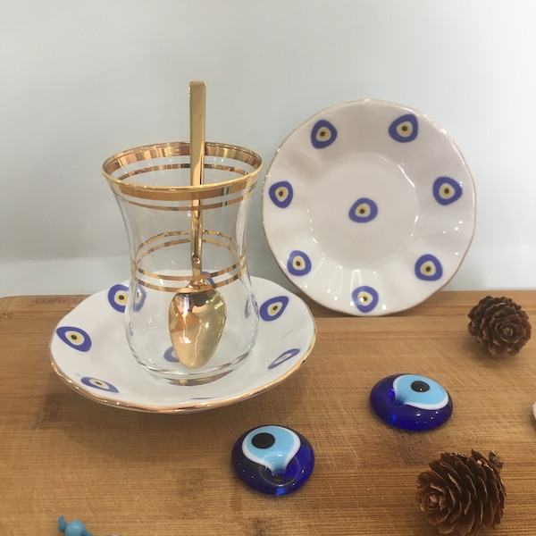 Evil Eye Turkish Tea set,Blue Tea set,Tea Glass and Saucers ,Evil Eye Turkish Tea Cups and Saucers,Gift for Tea Lovers