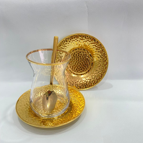 Turkish Tea Set Gold, Glass Turkish Tea Cups Set, Tea Glass, Gold Tea Set, Tea Gift Set, Gold Tea Cups and Saucers,Chiristmas Gift