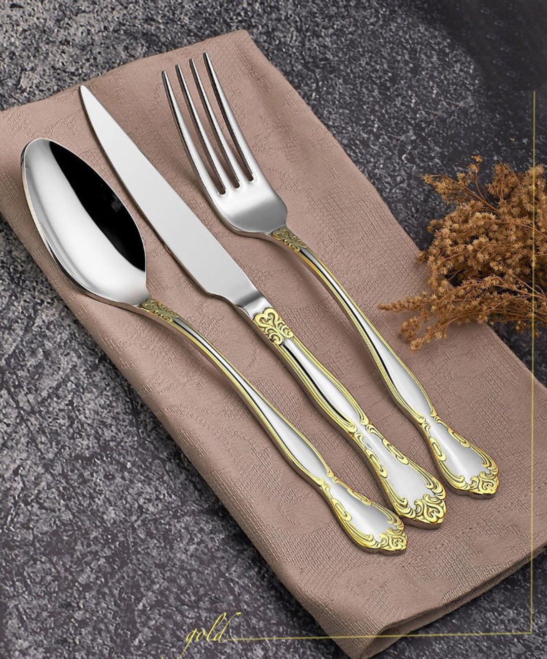 Vintage Cutlery Set for 36, Stainless Steel Silverware, Gold Flatware