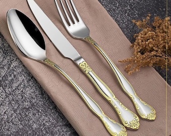 Vintage cutlery Set for 36, Stainless Steel Silverware, Gold Flatware Set, cutlery pouch, Women Housewarming Gift , British cutlery set,