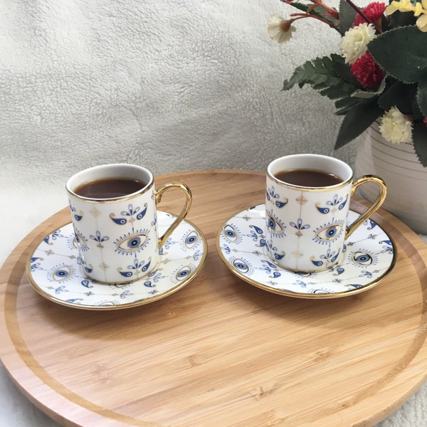 Evil Eye Coffee and Espresso Mug, Turkish Evil Eye Personalized coffee mug And Saucers Set, Vintage Espresso cups,