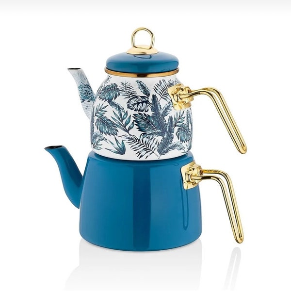 Enamel Teapot Set, Turkish Tea Pot Set, Turkish Samovar Tea Maker, Tea Kettle for Loose Leaf Tea, Self-Strainer Teapot,Traditional Teapot