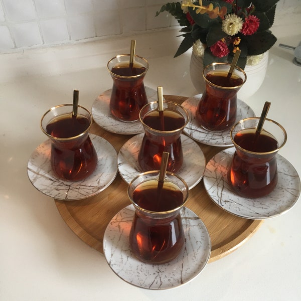 Service à thé turc à motif de marbre, tasse à thé turque, tasses et soucoupes à thé turques, verres à thé et soucoupes