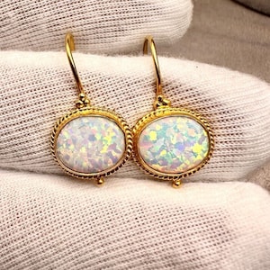 14ct Solid Gold White Opal Earrings, Opal Gemstone, 14K Handmade Opal Earrings, 18ct Vintage Earrings, Dangle Earrings, Gift For Her/Mum