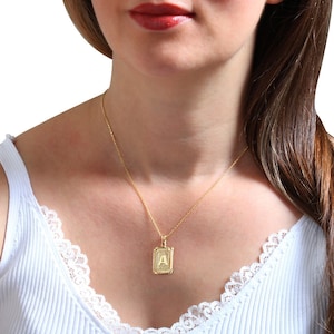 Pingente e colar inicial de ouro maciço 14k, pingentes de letras retangulares de ouro maciço 14K, colar inicial retrô de ouro 14K, presente para ela, Natal