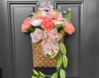 Coral Peony Basket Wreath: Farmhouse Front Door Decor