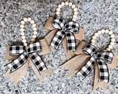 Buffalo Plaid Wood Bead Bow Door Hanger, Hanging Wood Decor, Christmas Decor, Cabinet Door, Tray Decor, Holiday Bow w Wood Bead, Rustic