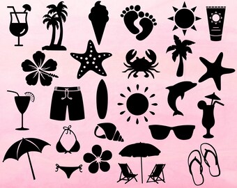May include: Black and white silhouette icons of summer vacation items, including a palm tree, ice cream cone, footprints, sun, sunscreen, hibiscus flower, starfish, crab, surfboard, sunglasses, seashell, umbrella, bikini, flip flops, and lounge chairs.