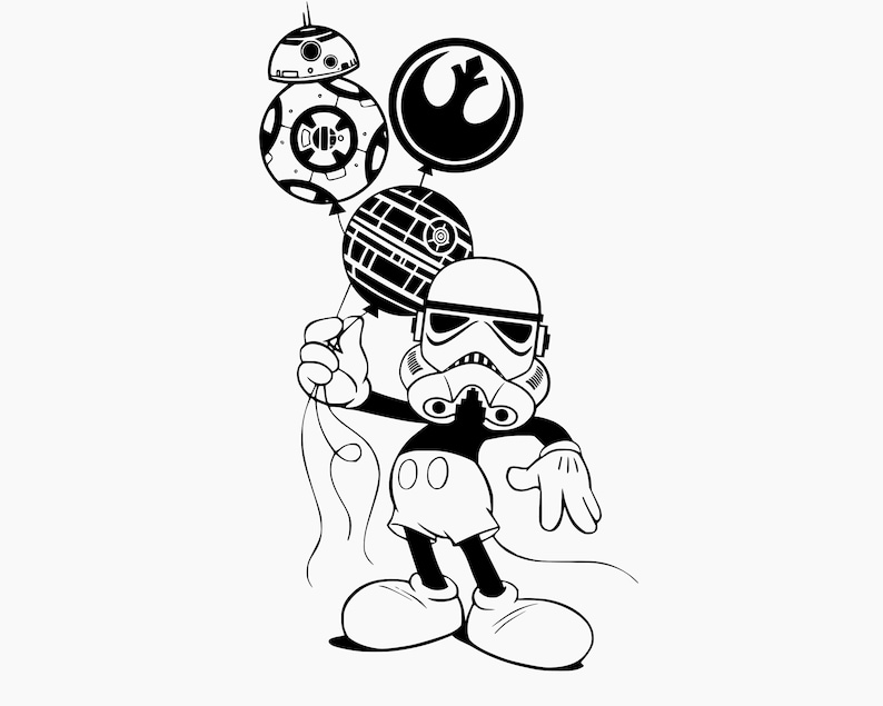 May include: A black and white illustration of a cartoon character wearing a Stormtrooper helmet and holding balloons shaped like Star Wars characters. The balloons are a Death Star, a TIE fighter, and a Rebel Alliance symbol.