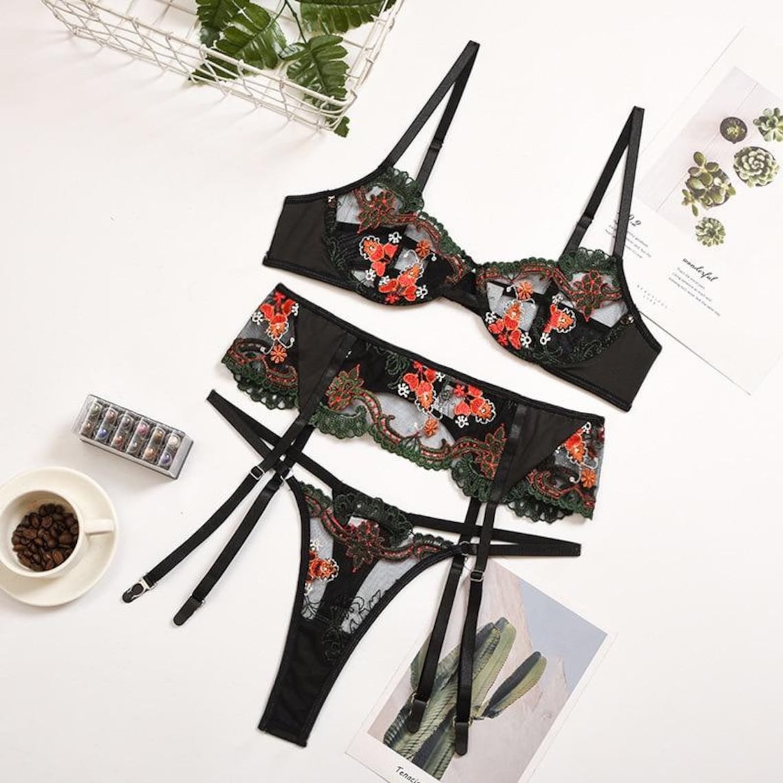 Black Lingerie Flower Lingerie 3 Piece Bra Set Women Floral Etsy