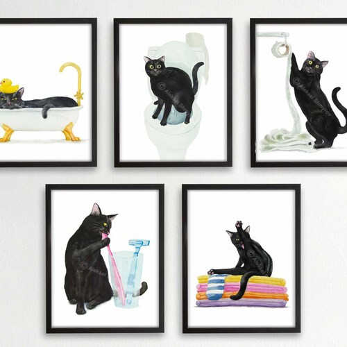 Set of 5 Tuxedo Cat Bathroom Wall Art Bathroom Wall Decor Etsy