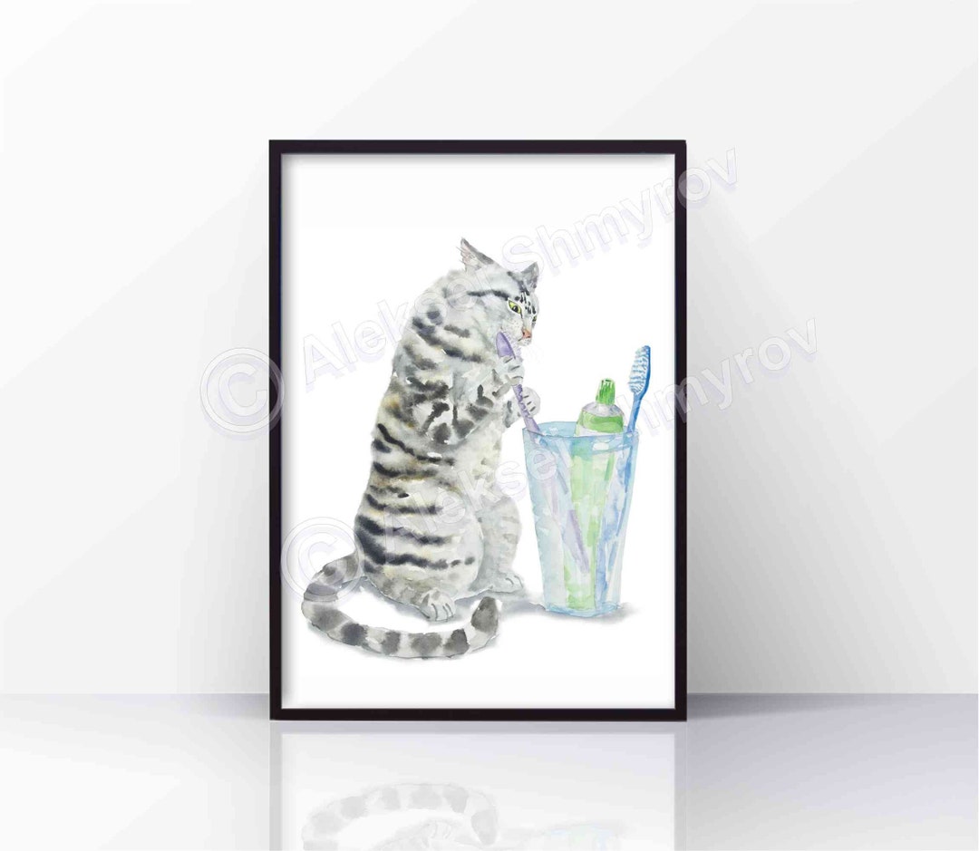 Bathroom Tabby Cat Art Print Cat Decor Watercolor Painting - Etsy