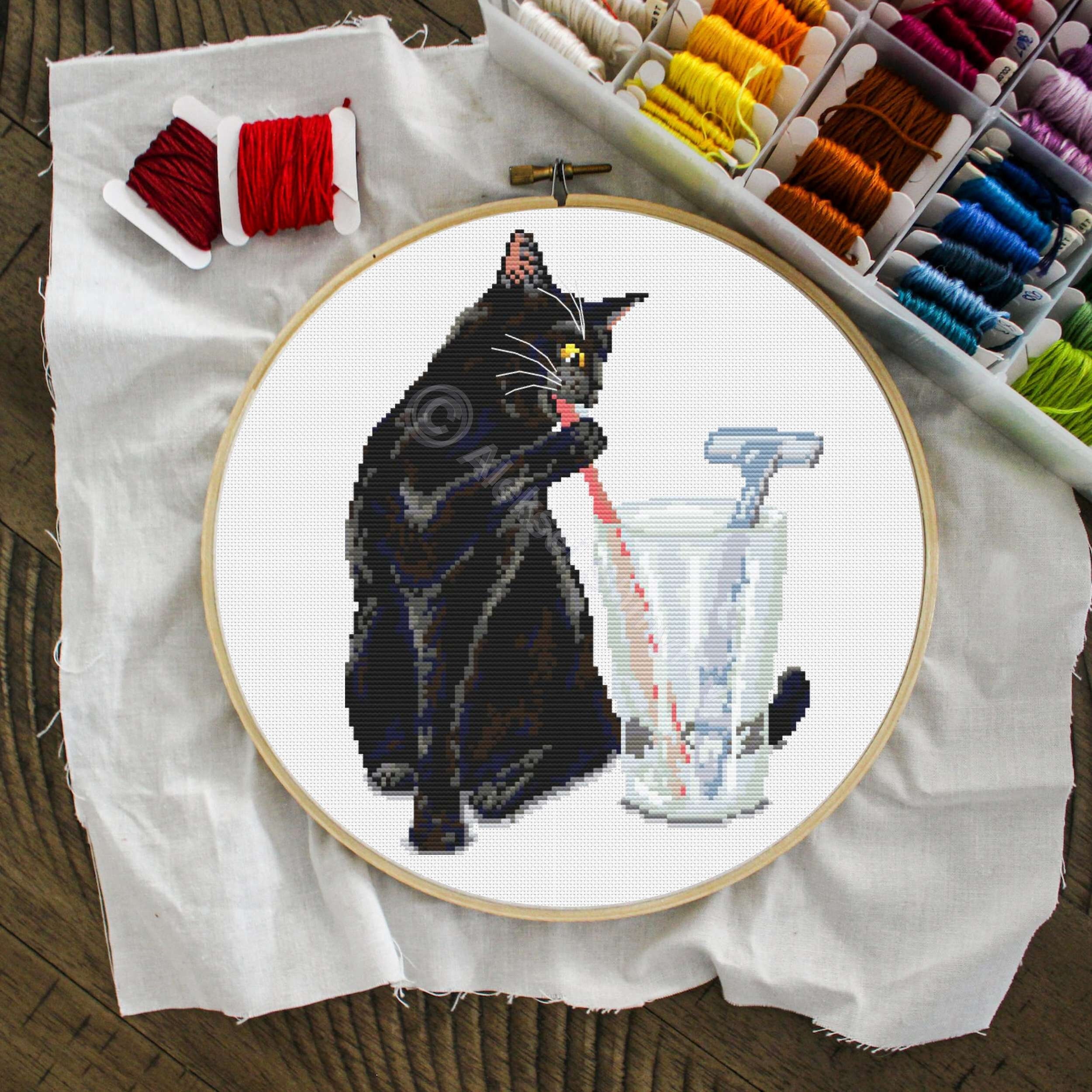 Bathroom Black Cat Cross Stitch Pattern, Modern Cross Stitch, Cat