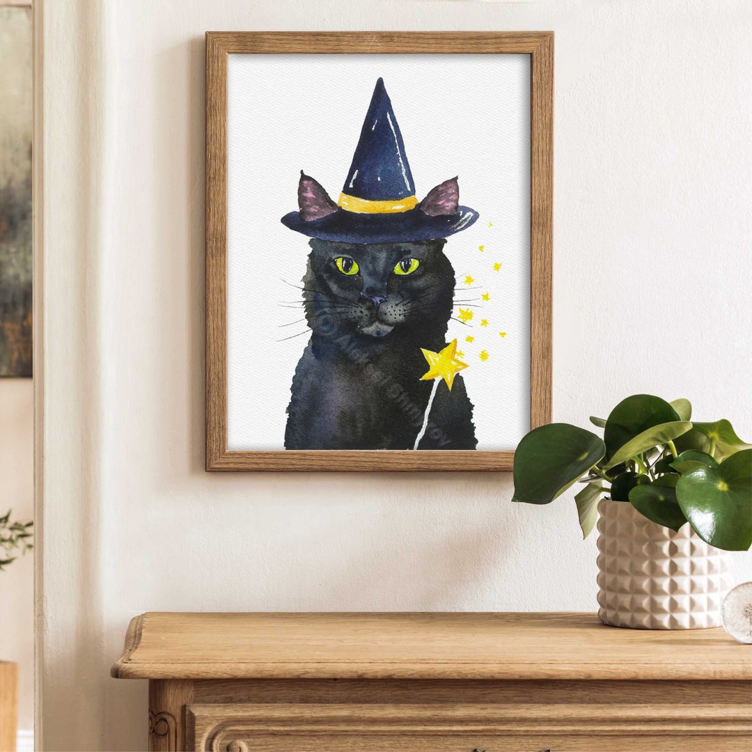 Black Cat Witch Cat Art Print Cat Decor Kids Room Decor - Etsy