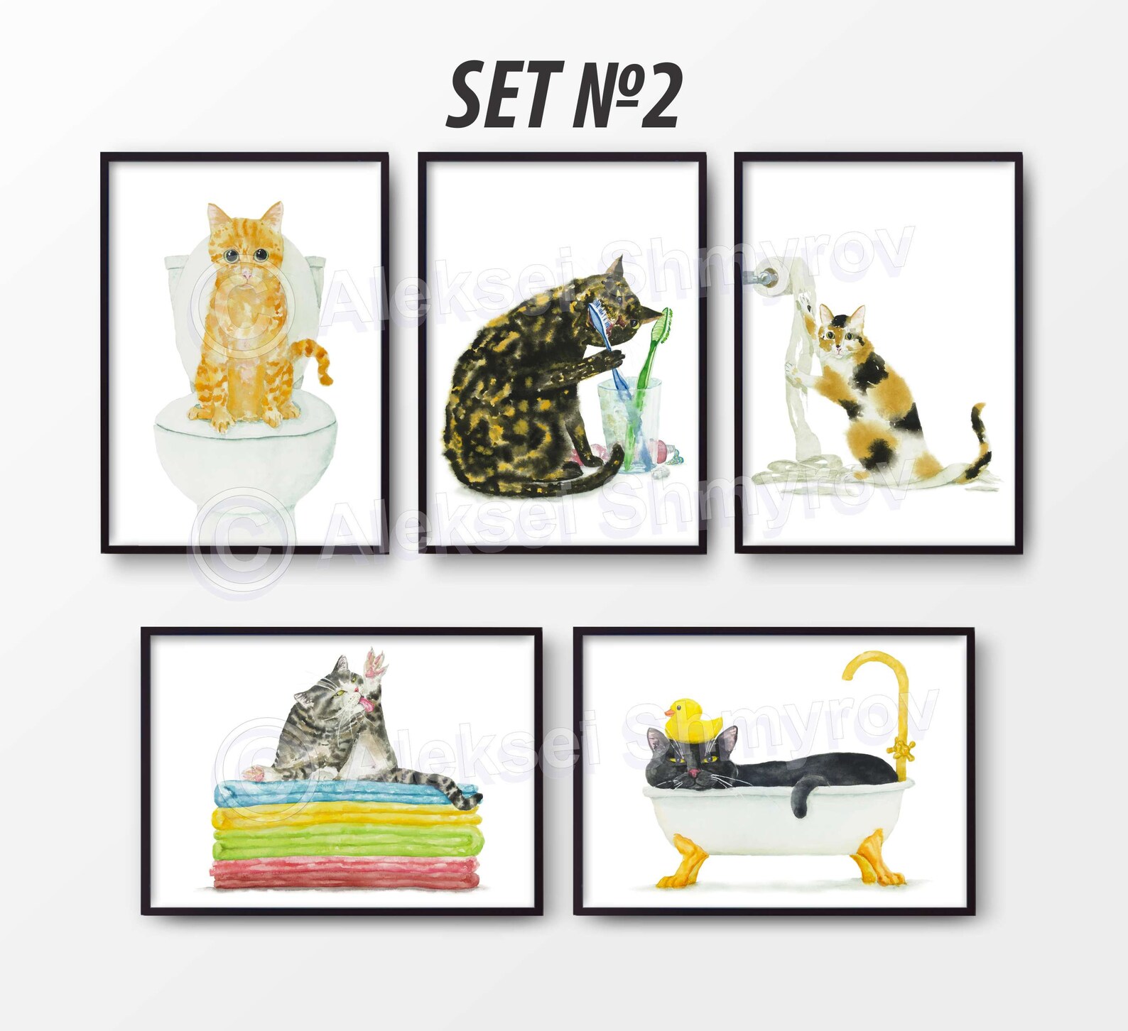 Bathroom Cat Print Set of 5 Cat Art Cat Decor Watercolor Etsy