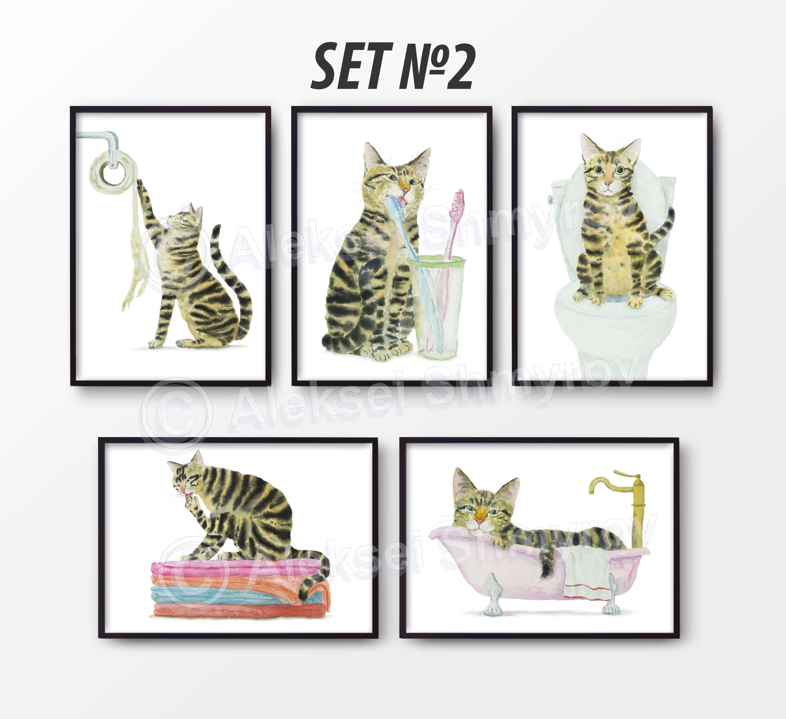 Set of 5 Tabby Cat Bathroom Wall Decor Art Print Watercolor Etsy