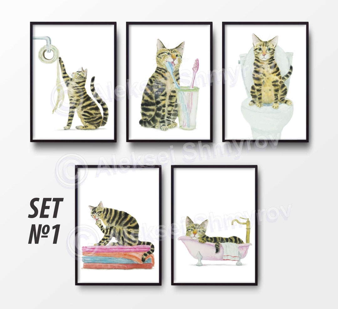 Set of 5 Tabby Cat Bathroom Wall Decor Art Print Watercolor - Etsy