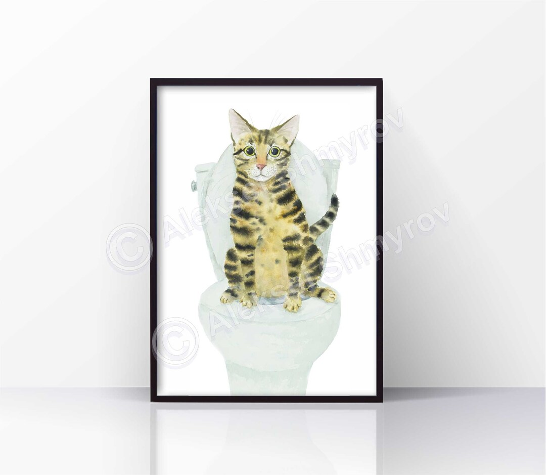 Bathroom Toilet Tabby Cat Art Print Cat Decor Watercolor - Etsy