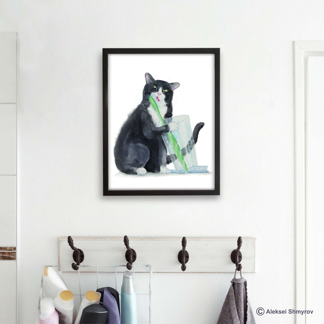 Tuxedo Cat Bathroom Wall Decor Art Print, Watercolor Painting, Cat