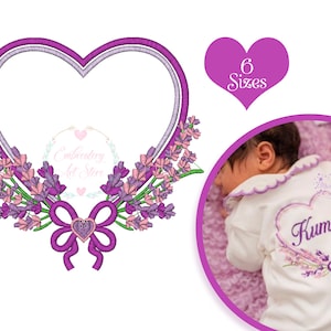 Fragrant Lavender Heart Machine Embroidery Design, Lavender Flowers Monogram Embroidery Pattern - Floral Frame - 6 Sizes - instant Download