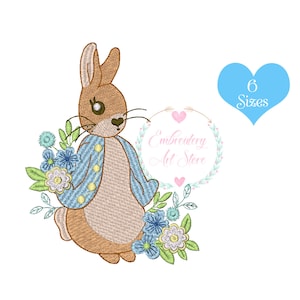 Blauwe bloemen Peter Rabbit machineborduurontwerp, schattige baby konijn ontwerp, verjaardag Peter Rabbit, 6 maten instant digitale download