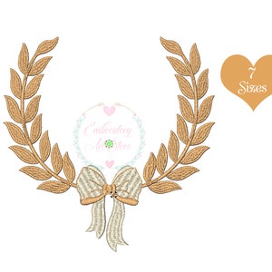 Leaf Frame with Bow Machine Embroidery Design, Monogram frame embroidery design, machine embroidery pattern, Laurel wreath Crown, 7 Sizes
