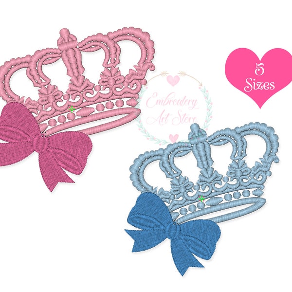 Princess - Prince Bow with Crown Machine Embroidery Design, Princess Tiara with Bow, Baby Child Design, Instant Download, 5 Sizes